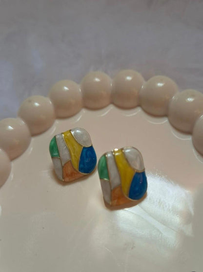 Enamel colourful Geometric square stud